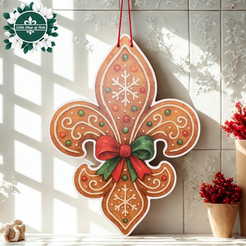 Gingerbread Fleur de Lis Bow Door Hanger New Orleans Art Christmas Holiday Decor